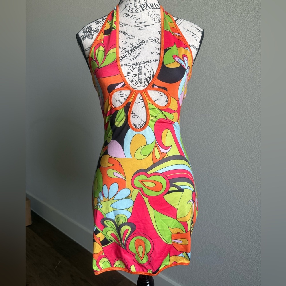 70s Pattern mini multi-coloured halter dress